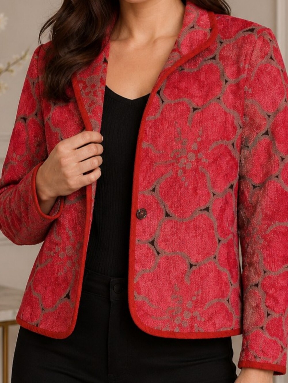 Khangura Jacket Womens Small Red Floral Jacquard Single Button Textured Blazer